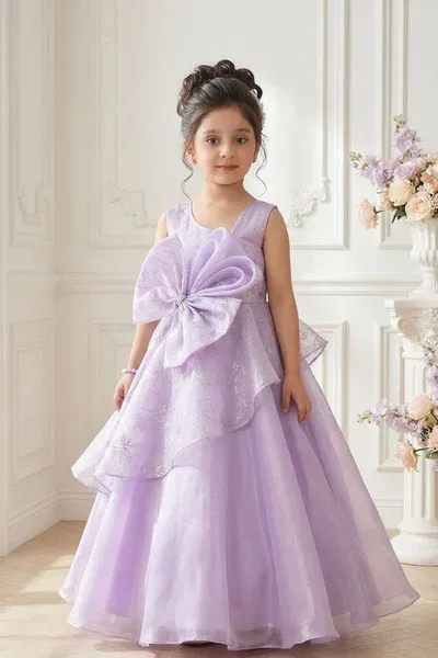 Girls Lavender Layered Party Wear Gown with Statement Bow

.